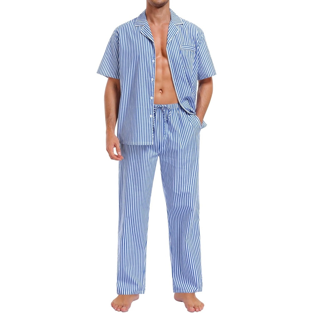 imageSWOMOG Mens 100 Cotton Pajama Set 2Pcs Button Down Pjs Set Short Sleeve Sleepwear with Long Pants Soft Stripe NightwearBlue White Stripes