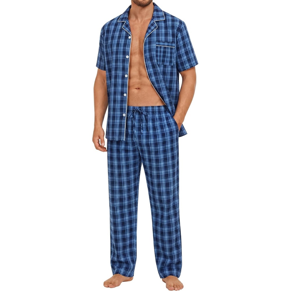 imageSWOMOG Mens 100 Cotton Pajama Set 2Pcs Button Down Pjs Set Short Sleeve Sleepwear with Long Pants Soft Stripe NightwearNavy Blue Plaid