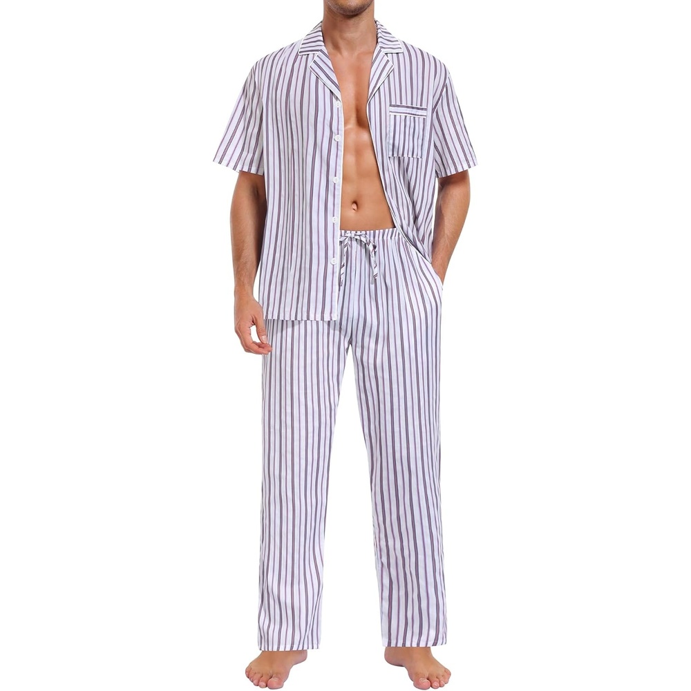 imageSWOMOG Mens 100 Cotton Pajama Set 2Pcs Button Down Pjs Set Short Sleeve Sleepwear with Long Pants Soft Stripe NightwearWhite Stripes