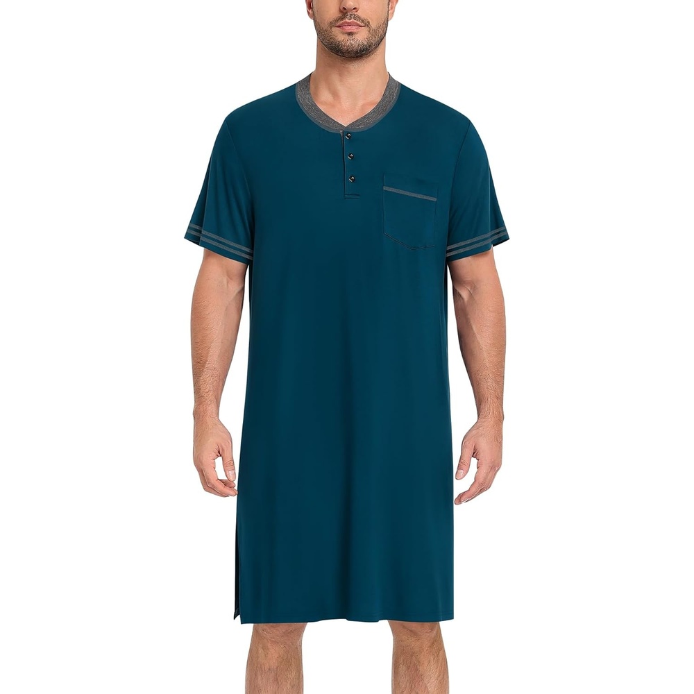 imageSWOMOG Mens Nightshirt Short Sleeve Nightgown Sleepwear Soft Loose Loungewear Lightweight Nightwear Comfy Sleep ShirtDeep Navy Blue
