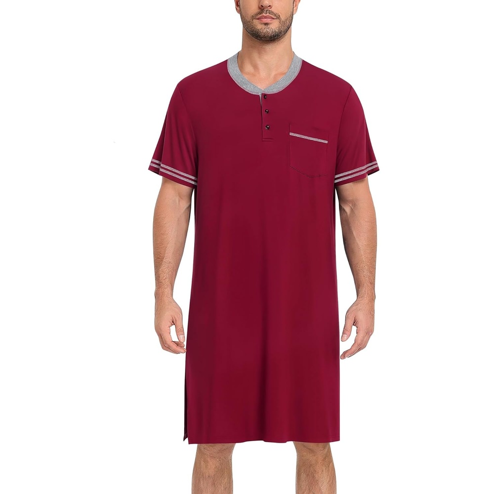 imageSWOMOG Mens Nightshirt Short Sleeve Nightgown Sleepwear Soft Loose Loungewear Lightweight Nightwear Comfy Sleep ShirtWine Red