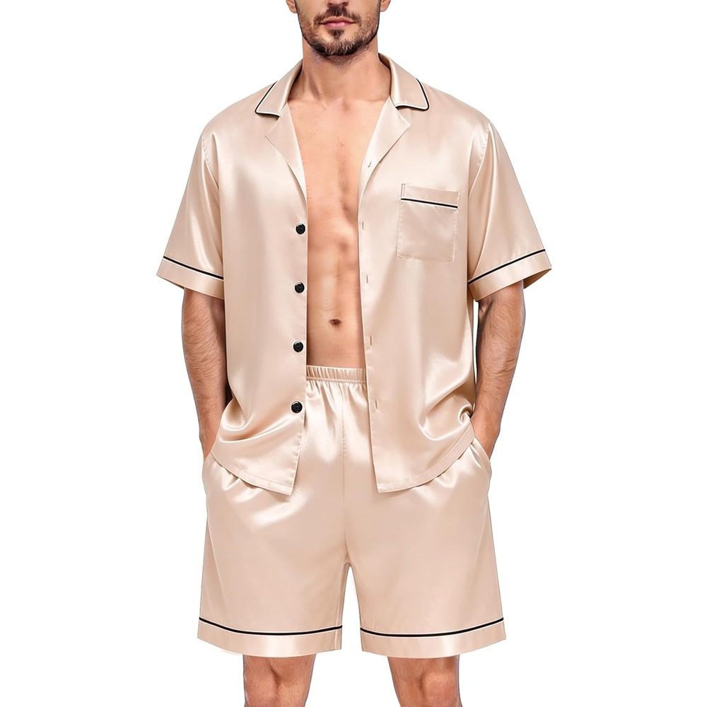 imageSWOMOG Silk Satin Pajamas Sets for Men Short Sleeve 2 Piece Button Down Sleepwear Mens Loungewear Sets with PocketsChampagne