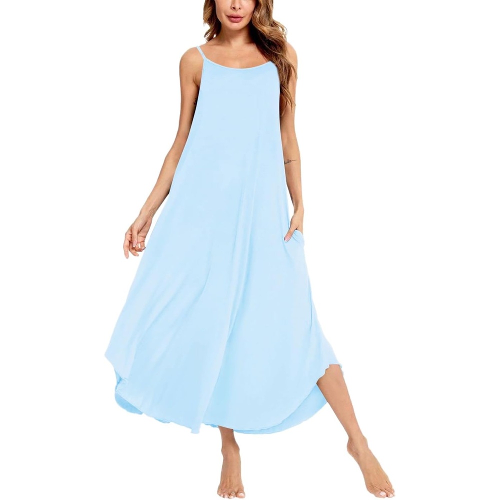 imageSWOMOG Women Long Nightgown Pajama Dress Soft Strap Nightdress Summer Sleeveless Nightshirt Lounge Dress with PocketsLight Blue