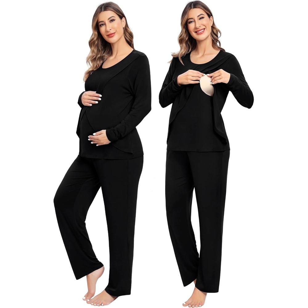 imageSWOMOG Women Maternity Pajama Set Nursing Pjs Double Layer Long Sleeve Top amp Pants Breastfeeding Pregnancy Set with PocketsBlack