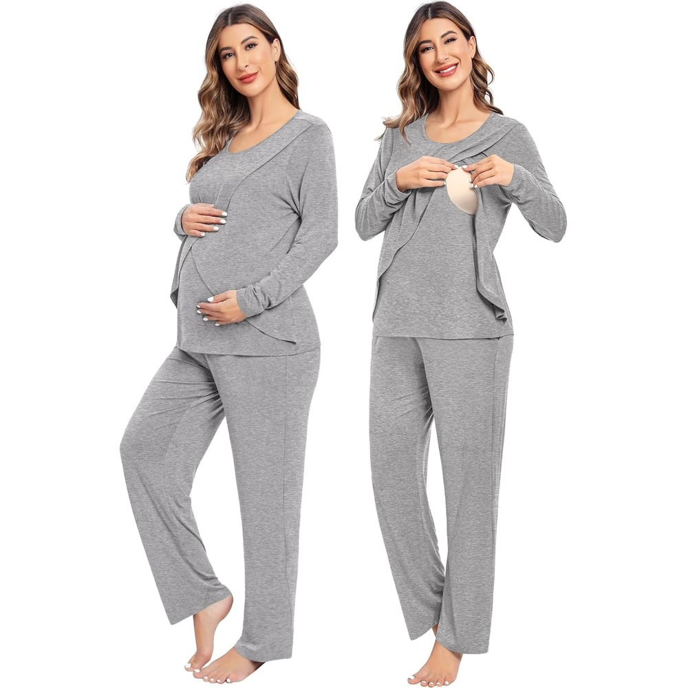 imageSWOMOG Women Maternity Pajama Set Nursing Pjs Double Layer Long Sleeve Top amp Pants Breastfeeding Pregnancy Set with PocketsGrey
