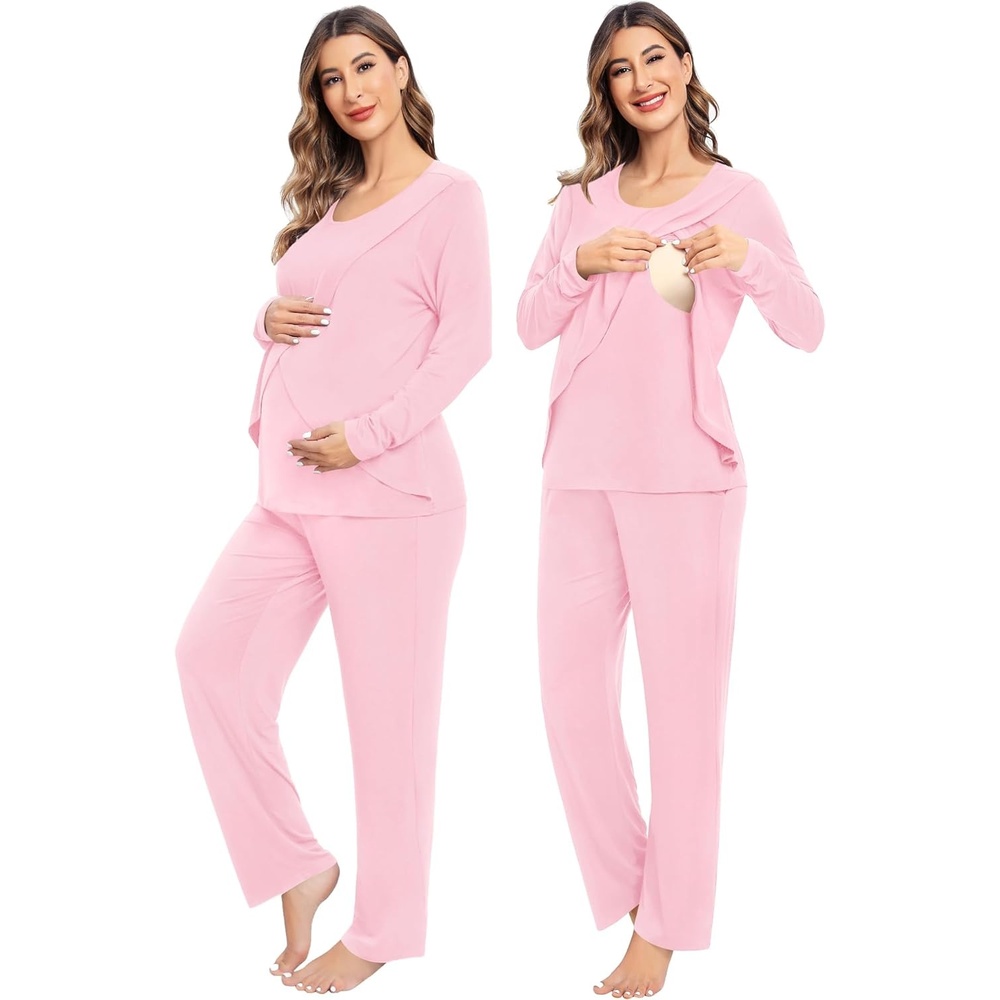 imageSWOMOG Women Maternity Pajama Set Nursing Pjs Double Layer Long Sleeve Top amp Pants Breastfeeding Pregnancy Set with PocketsPink