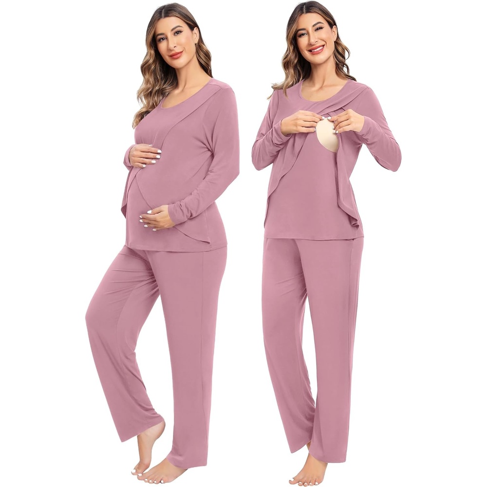 imageSWOMOG Women Maternity Pajama Set Nursing Pjs Double Layer Long Sleeve Top amp Pants Breastfeeding Pregnancy Set with PocketsTaro Purple