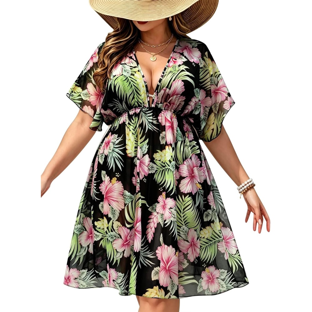 imageSWOMOG Women Plus Size Cover Up Short Sleeve Swimsuit Cover Bikini Bathing Suit Beachwear Summer Dress with Tie BackBlack Green Flower
