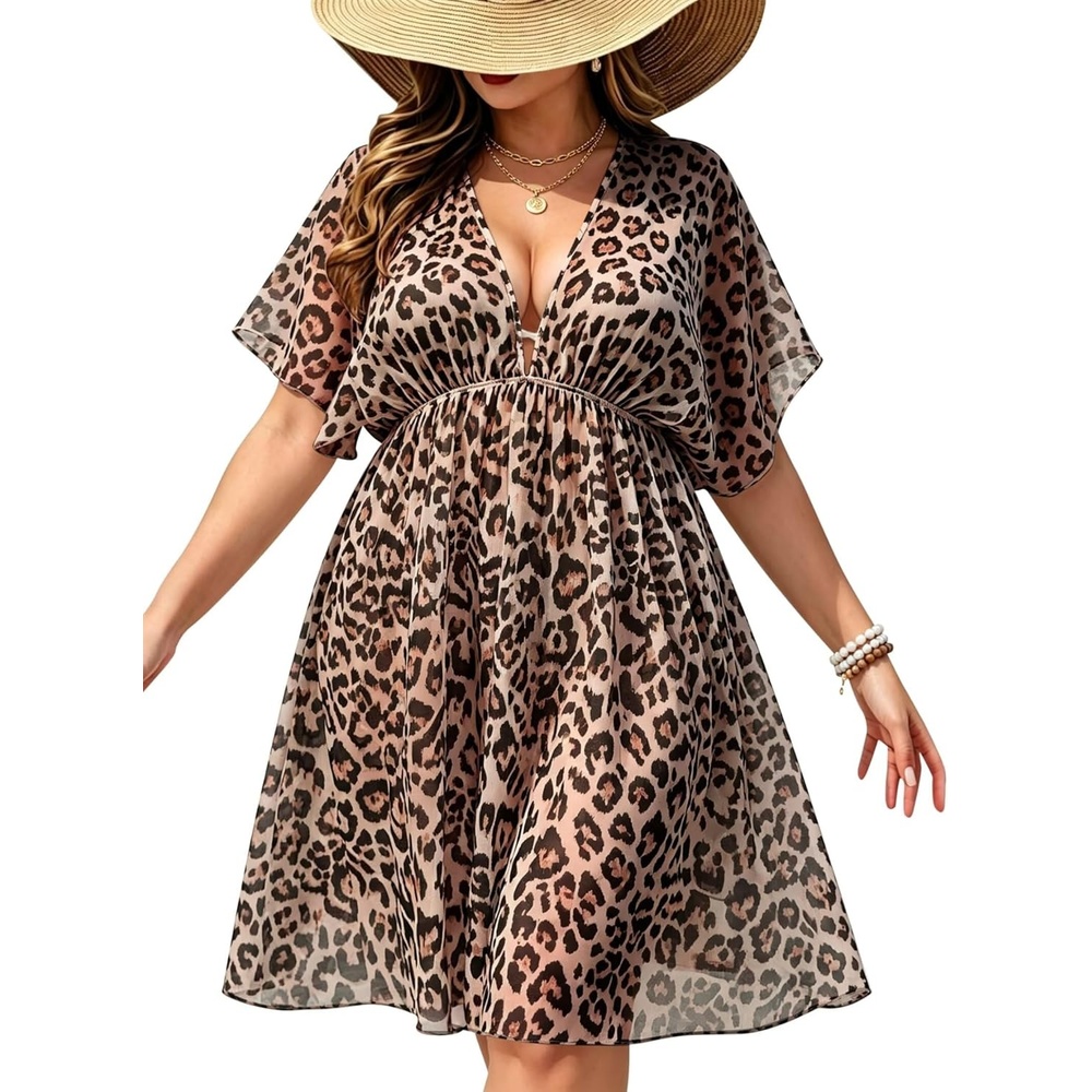 imageSWOMOG Women Plus Size Cover Up Short Sleeve Swimsuit Cover Bikini Bathing Suit Beachwear Summer Dress with Tie BackBlack Leopard