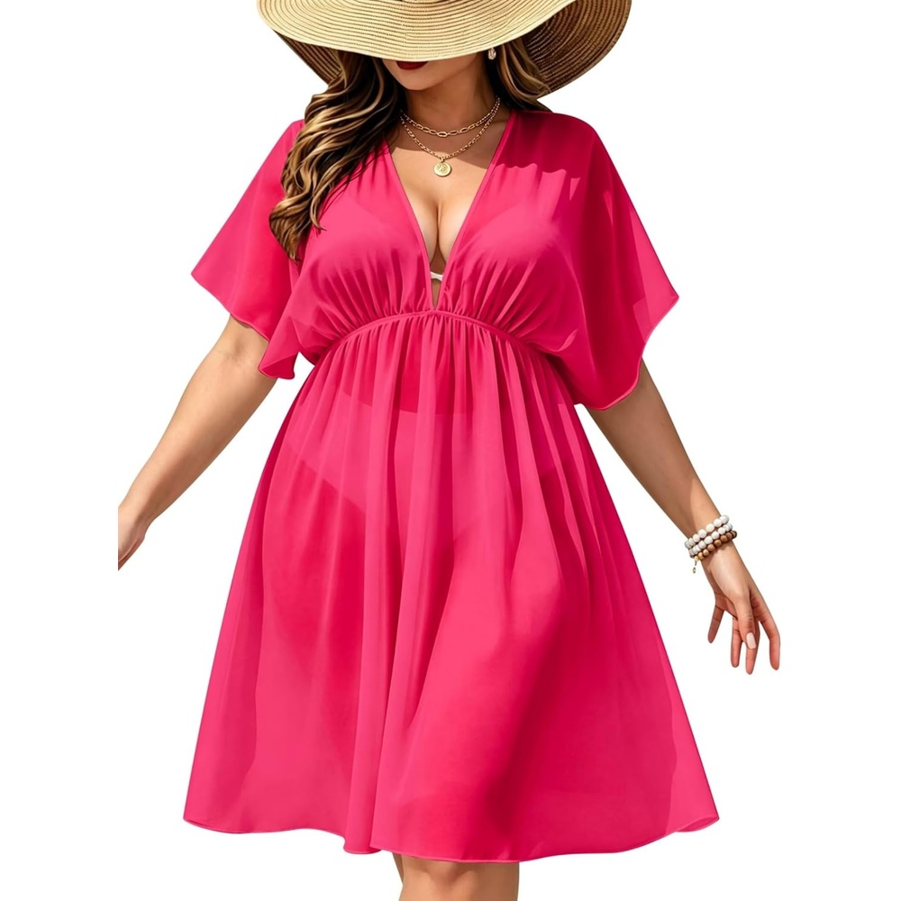 imageSWOMOG Women Plus Size Cover Up Short Sleeve Swimsuit Cover Bikini Bathing Suit Beachwear Summer Dress with Tie BackRose Red