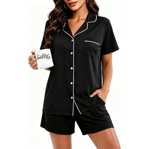 SWOMOG 100% Cotton Pajamas for Women Set 2 Pieces Button Down Pjs Set Short Sleeve with Pockets Soft Loungewear XS-XXL(Black)
