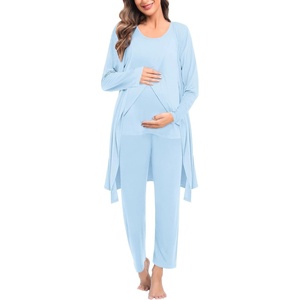 SWOMOG Maternity Nursing Robe Set 3 PCS Postpartum Breastfeeding Pajamas Hospital Pregnancy Pjs Double Layer Lounge Set(Baby Blue)