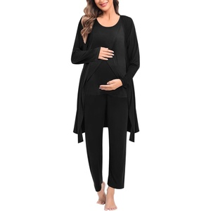 SWOMOG Maternity Nursing Robe Set 3 PCS Postpartum Breastfeeding Pajamas Hospital Pregnancy Pjs Double Layer Lounge Set(Black)
