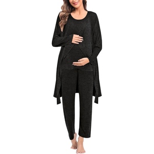 SWOMOG Maternity Nursing Robe Set 3 PCS Postpartum Breastfeeding Pajamas Hospital Pregnancy Pjs Double Layer Lounge Set(Black Grey)