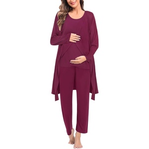 SWOMOG Maternity Nursing Robe Set 3 PCS Postpartum Breastfeeding Pajamas Hospital Pregnancy Pjs Double Layer Lounge Set(Burgundy)