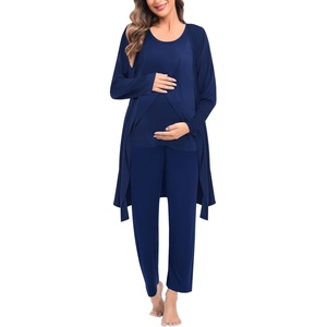 SWOMOG Maternity Nursing Robe Set 3 PCS Postpartum Breastfeeding Pajamas Hospital Pregnancy Pjs Double Layer Lounge Set(Navy Blue)