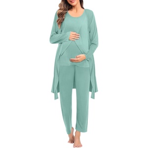SWOMOG Maternity Nursing Robe Set 3 PCS Postpartum Breastfeeding Pajamas Hospital Pregnancy Pjs Double Layer Lounge Set(Sage Green)