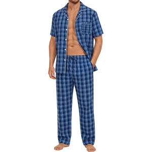 SWOMOG Mens 100% Cotton Pajama Set 2Pcs Button Down Pjs Set Short Sleeve Sleepwear with Long Pants Soft Stripe Nightwear(Navy Blue Plaid)