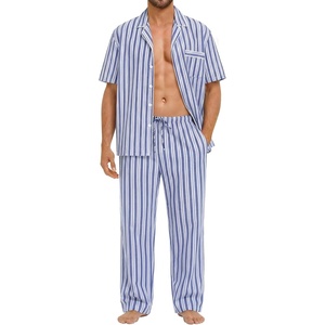 SWOMOG Mens 100% Cotton Pajama Set 2Pcs Button Down Pjs Set Short Sleeve Sleepwear with Long Pants Soft Stripe Nightwear(Navy White Stripes)