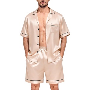 SWOMOG Silk Satin Pajamas Sets for Men Short Sleeve 2 Piece Button Down Sleepwear Mens Loungewear Sets with Pockets(Champagne)