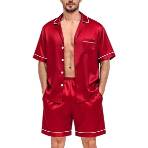 SWOMOG Silk Satin Pajamas Sets for Men Short Sleeve 2 Piece Button Down Sleepwear Mens Loungewear Sets with Pockets(Red)