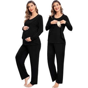 SWOMOG Women Maternity Pajama Set Nursing Pjs Double Layer Long Sleeve Top & Pants Breastfeeding Pregnancy Set with Pockets(Black)