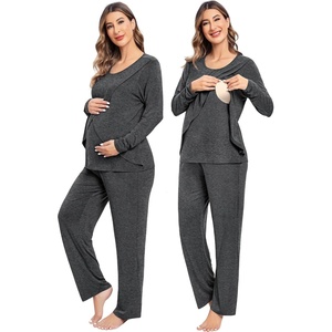 SWOMOG Women Maternity Pajama Set Nursing Pjs Double Layer Long Sleeve Top & Pants Breastfeeding Pregnancy Set with Pockets(Deep Grey)