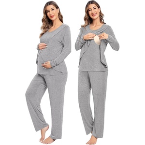 SWOMOG Women Maternity Pajama Set Nursing Pjs Double Layer Long Sleeve Top & Pants Breastfeeding Pregnancy Set with Pockets(Grey)