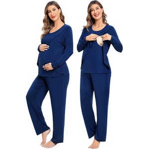 SWOMOG Women Maternity Pajama Set Nursing Pjs Double Layer Long Sleeve Top & Pants Breastfeeding Pregnancy Set with Pockets(Navy Blue)