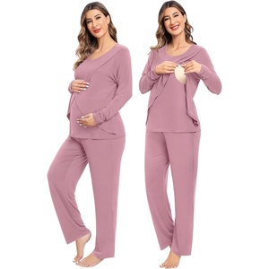 SWOMOG Women Maternity Pajama Set Nursing Pjs Double Layer Long Sleeve Top & Pants Breastfeeding Pregnancy Set with Pockets(Taro Purple)