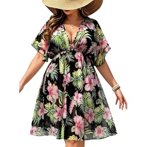 SWOMOG Women Plus Size Cover Up Short Sleeve Swimsuit Cover Bikini Bathing Suit Beachwear Summer Dress with Tie Back(Black Green Flower)