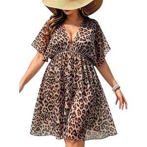 SWOMOG Women Plus Size Cover Up Short Sleeve Swimsuit Cover Bikini Bathing Suit Beachwear Summer Dress with Tie Back(Black Leopard)