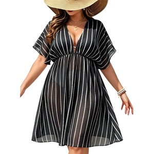 SWOMOG Women Plus Size Cover Up Short Sleeve Swimsuit Cover Bikini Bathing Suit Beachwear Summer Dress with Tie Back(Black Stripe)