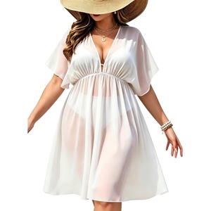 SWOMOG Women Plus Size Cover Up Short Sleeve Swimsuit Cover Bikini Bathing Suit Beachwear Summer Dress with Tie Back(White)