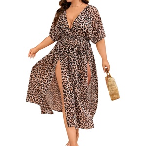 SWOMOG Women Plus Size Swimsuit Cover Up Bikini Bathing Suit Sexy Deep V Neck Swim Beach Dresses Summer Beachwear(Long-leopard Print)