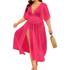 SWOMOG Women Plus Size Swimsuit Cover Up Bikini Bathing Suit Sexy Deep V Neck Swim Beach Dresses Summer Beachwear(Long-rose Red)