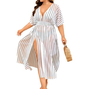 SWOMOG Women Plus Size Swimsuit Cover Up Bikini Bathing Suit Sexy Deep V Neck Swim Beach Dresses Summer Beachwear(Long-white Stripe)
