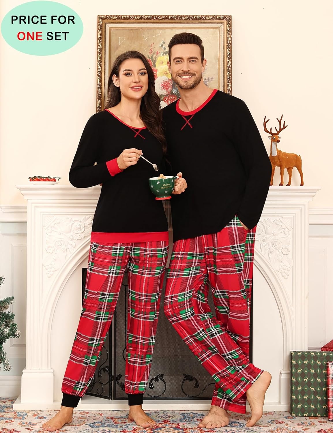 image:imageSWOMOG Christmas Pajamas Set for Couples Long Sleeve Sleepwear Women amp Men Matching Pjs Set Loungewear SetBig Red Plaid