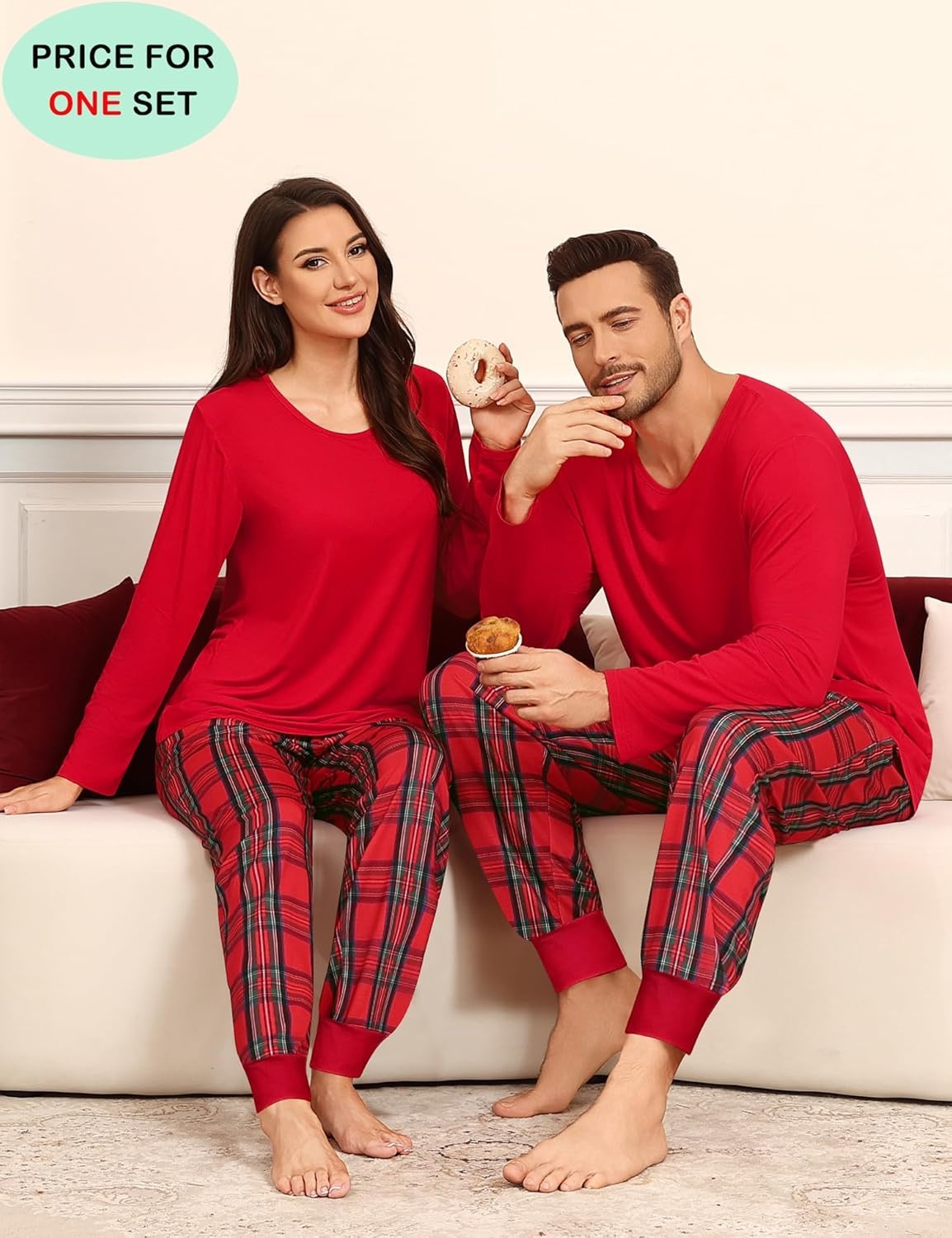 image:imageSWOMOG Christmas Pajamas Set for Couples Long Sleeve Sleepwear Women amp Men Matching Pjs Set Loungewear SetChristmas Red Grid Solid Top