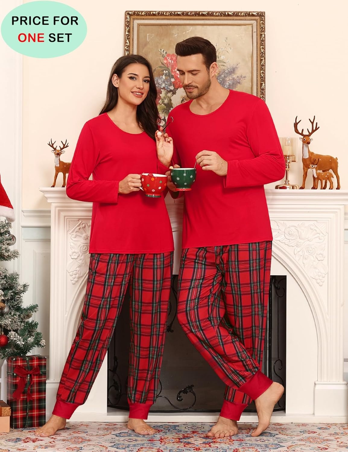 image:imageSWOMOG Christmas Pajamas Set for Couples Long Sleeve Sleepwear Women amp Men Matching Pjs Set Loungewear SetChristmas Red Grid Solid Top