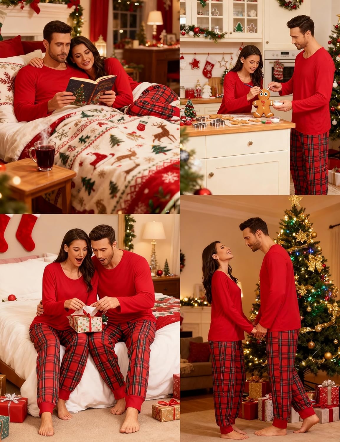image:imageSWOMOG Christmas Pajamas Set for Couples Long Sleeve Sleepwear Women amp Men Matching Pjs Set Loungewear SetChristmas Red Grid Solid Top