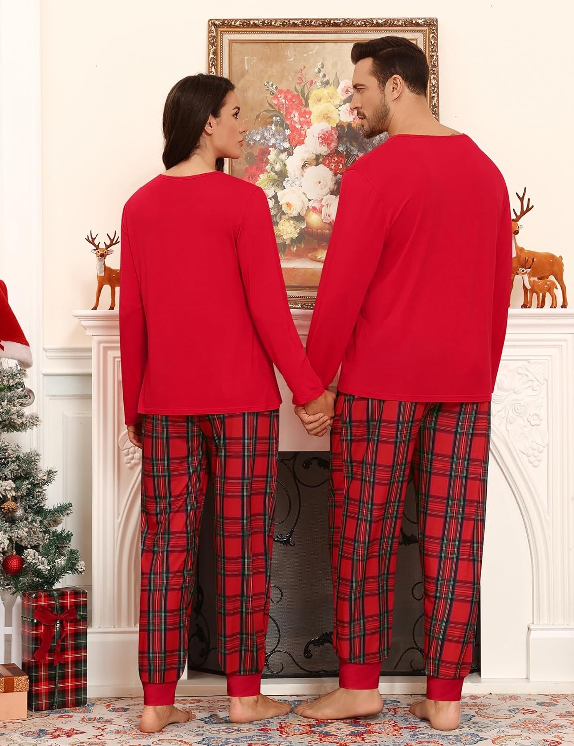 image:imageSWOMOG Christmas Pajamas Set for Couples Long Sleeve Sleepwear Women amp Men Matching Pjs Set Loungewear SetChristmas Red Grid Solid Top