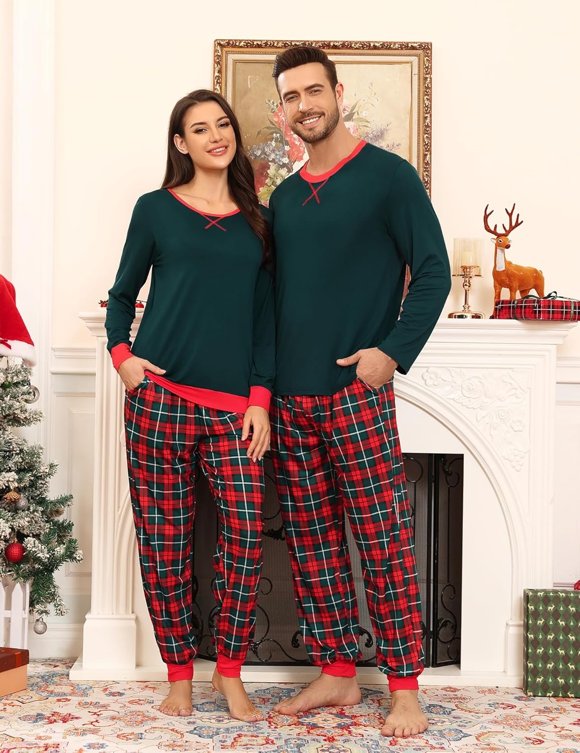 image:imageSWOMOG Christmas Pajamas Set for Couples Long Sleeve Sleepwear Women amp Men Matching Pjs Set Loungewear SetDeep Green