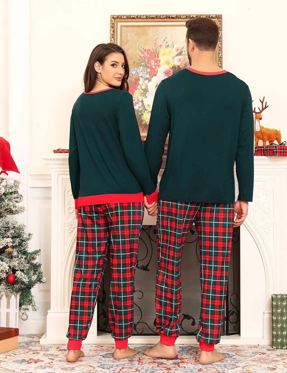 image:imageSWOMOG Christmas Pajamas Set for Couples Long Sleeve Sleepwear Women amp Men Matching Pjs Set Loungewear SetDeep Green