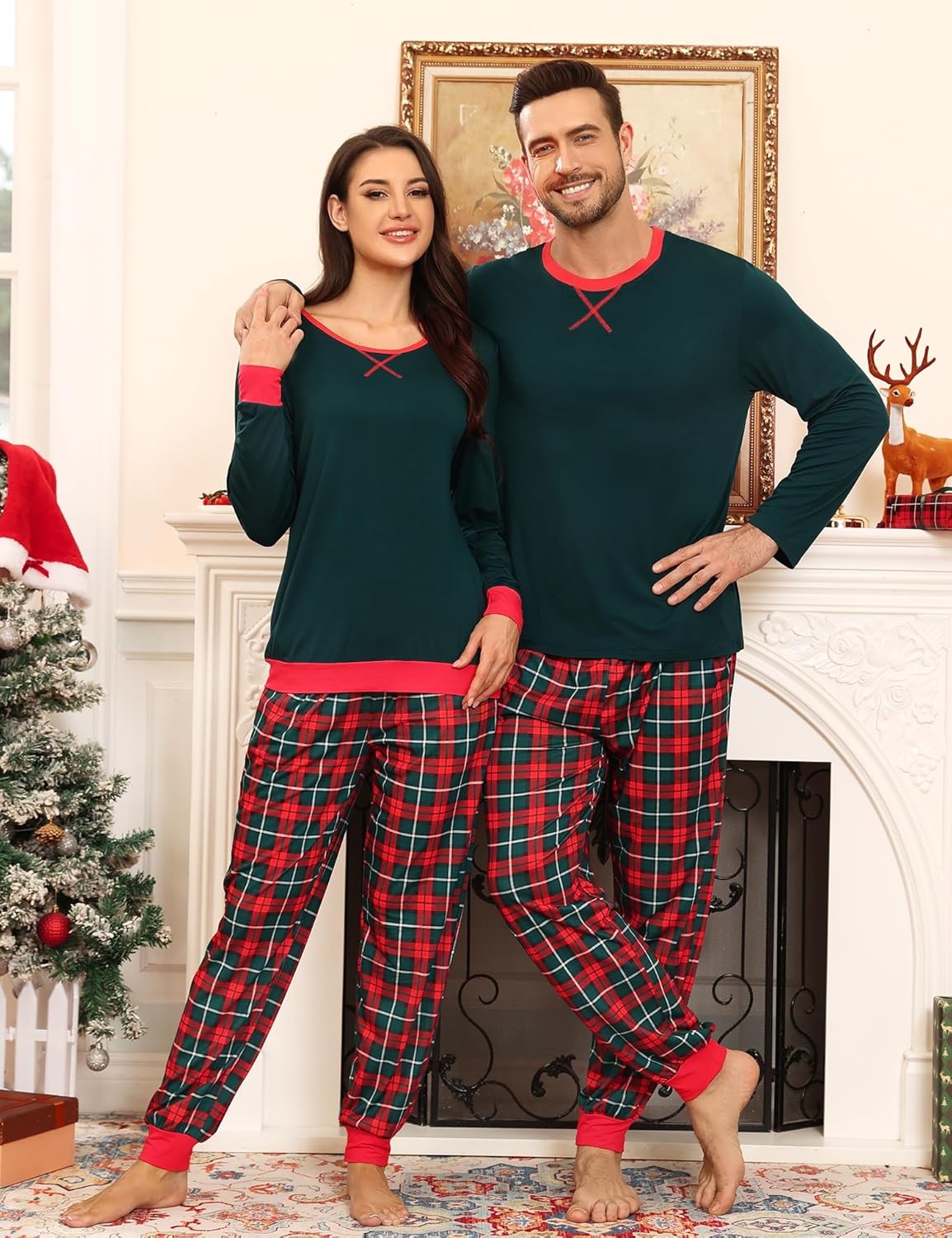 image:imageSWOMOG Christmas Pajamas Set for Couples Long Sleeve Sleepwear Women amp Men Matching Pjs Set Loungewear SetDeep Green
