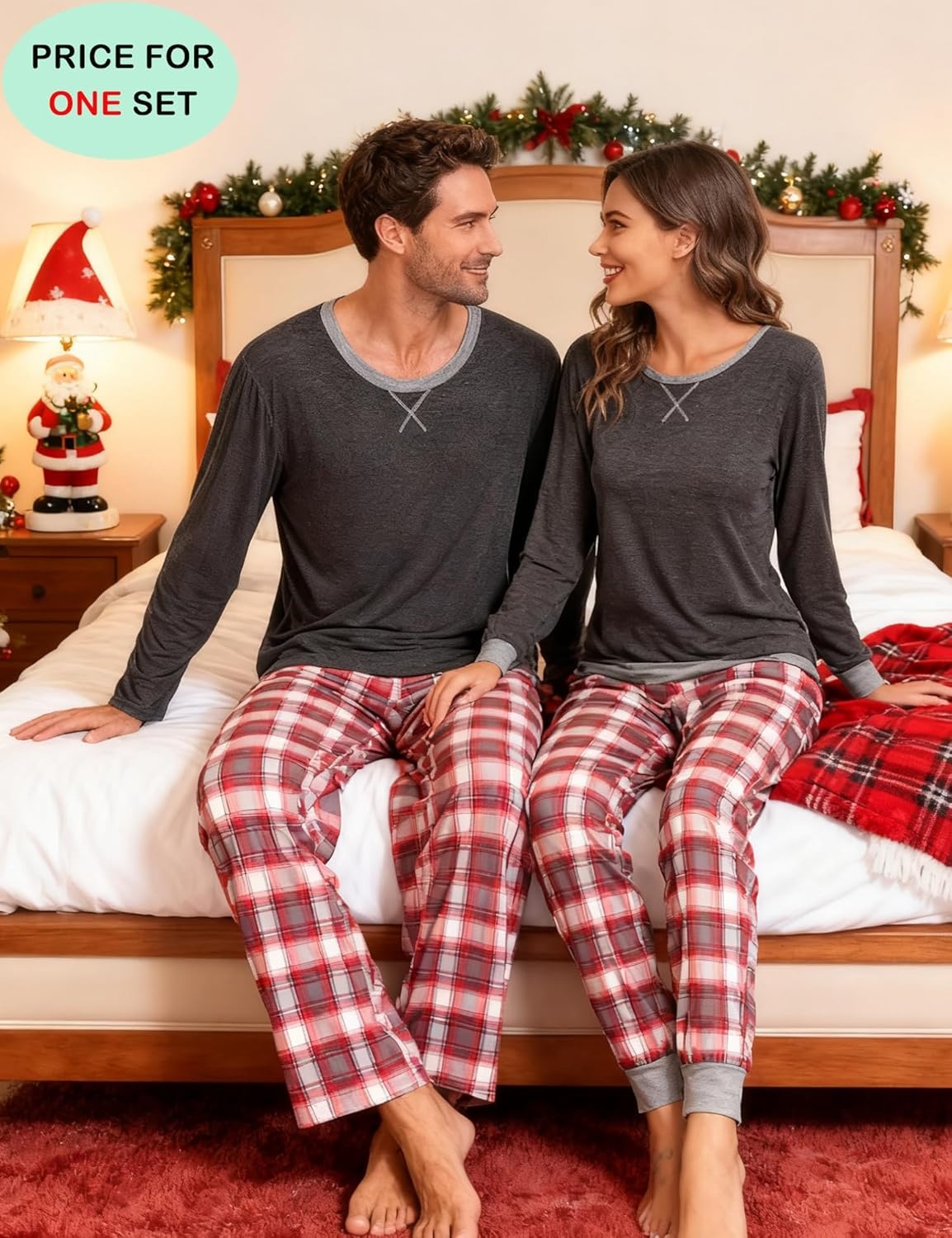image:imageSWOMOG Christmas Pajamas Set for Couples Long Sleeve Sleepwear Women amp Men Matching Pjs Set Loungewear SetDeep Grey Grey Plaid