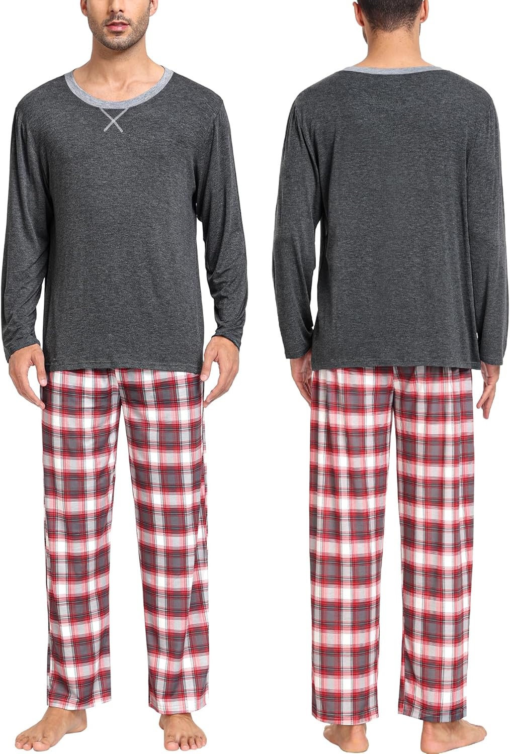 image:imageSWOMOG Christmas Pajamas Set for Couples Long Sleeve Sleepwear Women amp Men Matching Pjs Set Loungewear SetDeep Grey Grey Plaid
