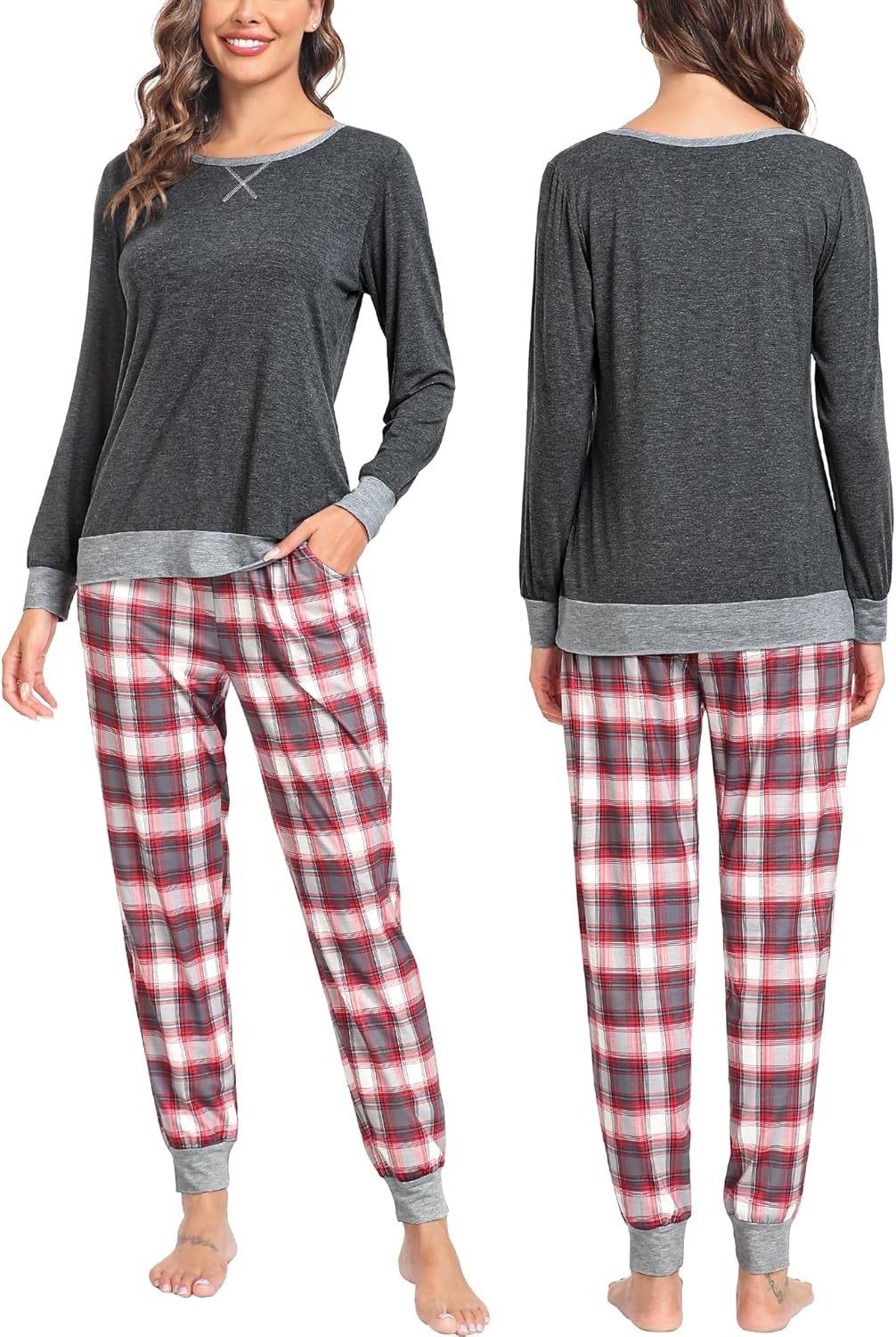 image:imageSWOMOG Christmas Pajamas Set for Couples Long Sleeve Sleepwear Women amp Men Matching Pjs Set Loungewear SetDeep Grey Grey Plaid