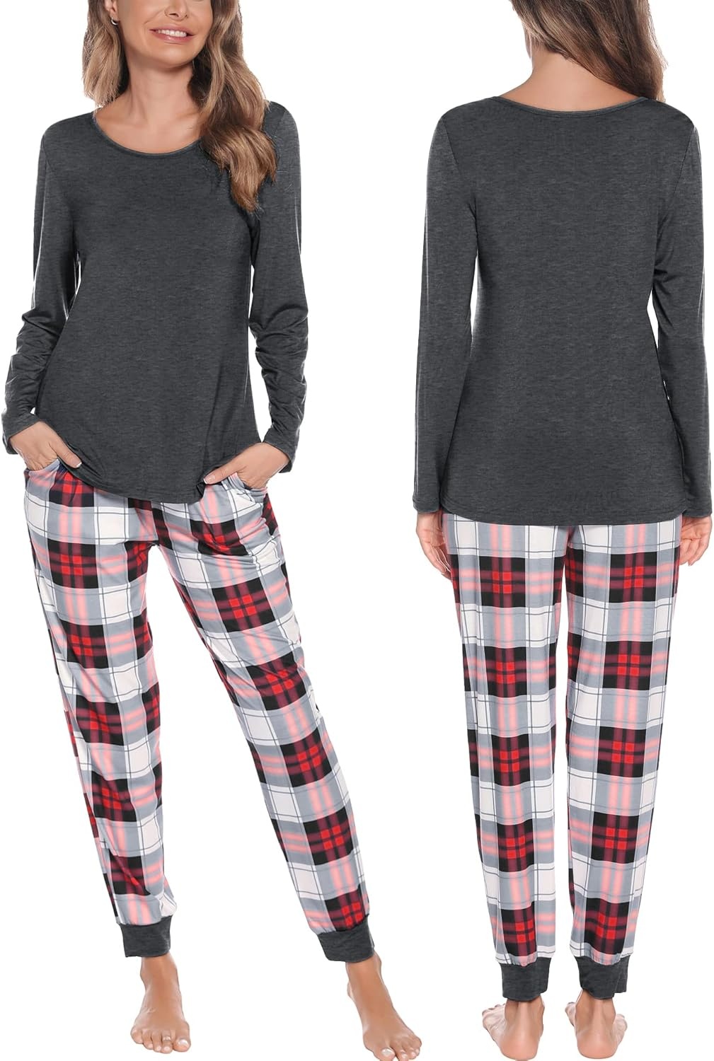 image:imageSWOMOG Christmas Pajamas Set for Couples Long Sleeve Sleepwear Women amp Men Matching Pjs Set Loungewear SetDeep Grey Solid Top