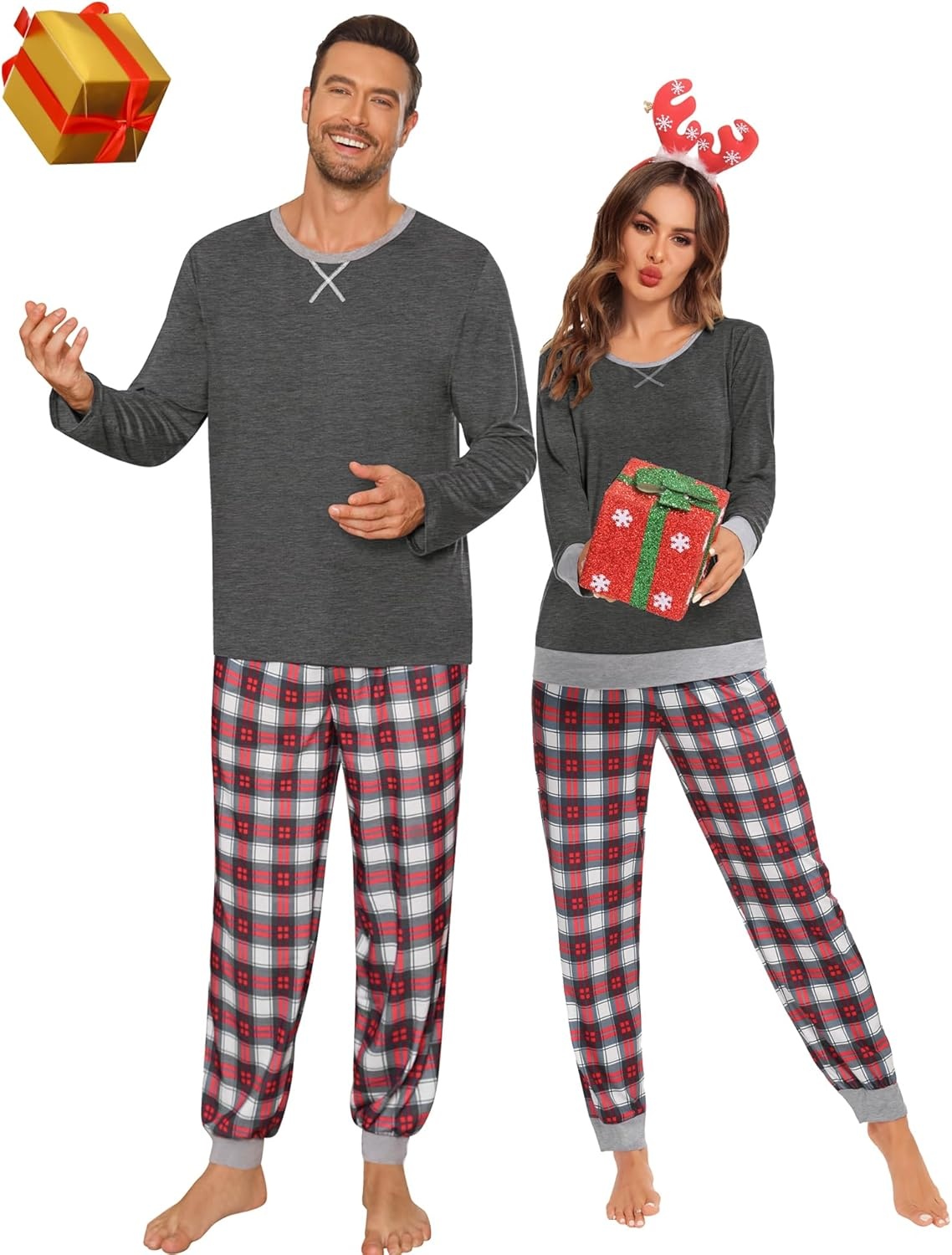 image:imageSWOMOG Christmas Pajamas Set for Couples Long Sleeve Sleepwear Women amp Men Matching Pjs Set Loungewear SetDeep Grey